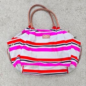 Kate Spade Stevie Diaper Bag Tote Red Pink Stripe Stroller Straps Beige Interior